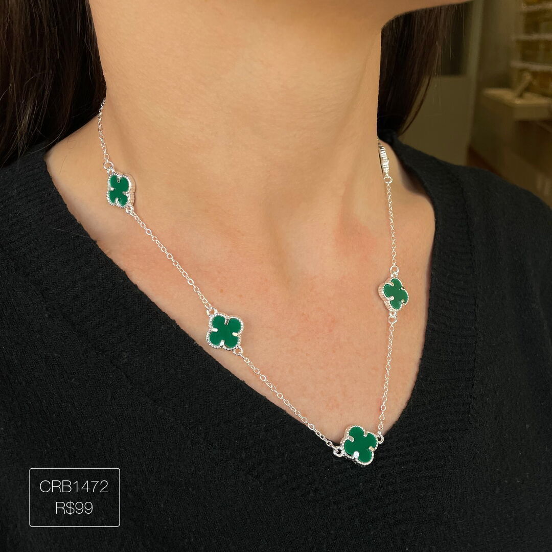 Colar V@n Cleef c/ 5 Pingente P Verde Prateado